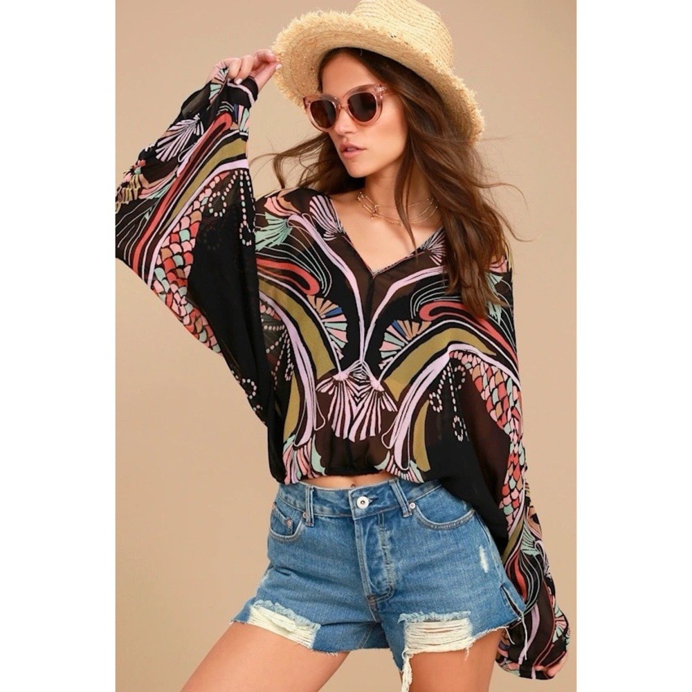 Free People Beneath the Sea Dolman Long Sleeve Blouse One Size